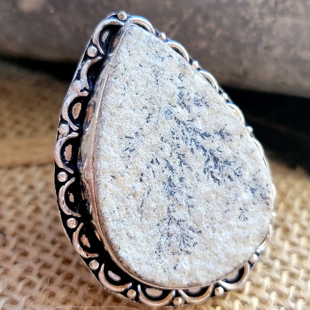 Sterling Silver Dendritic Limestone Ring, Size 6.5, Bohemian Statement Jewelry